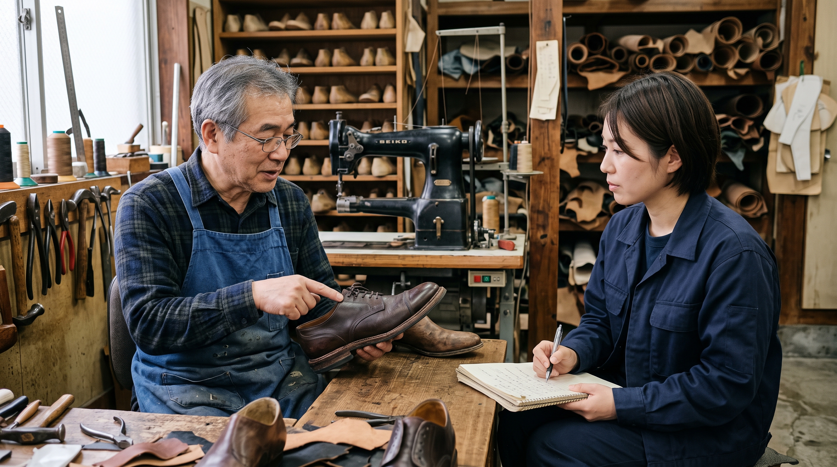 靴職人から引き継ぎの課題を聞き取る様子