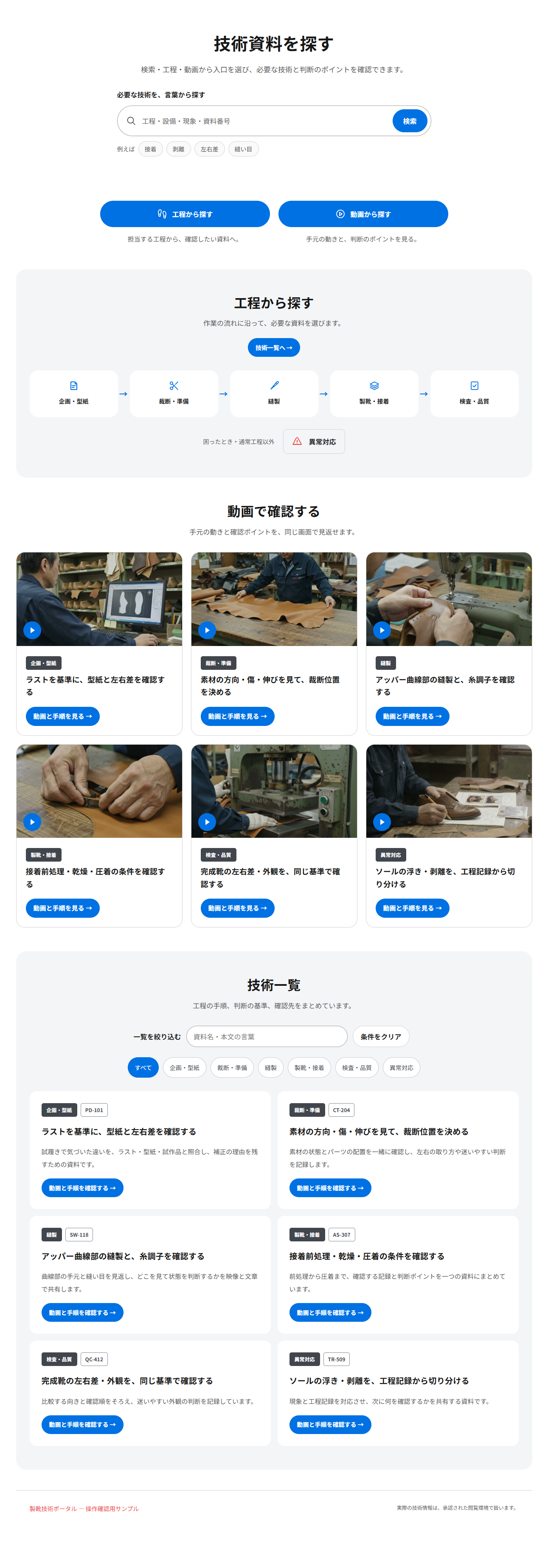 工程・動画・技術一覧から資料を探せる製靴技術ポータルの全体画面