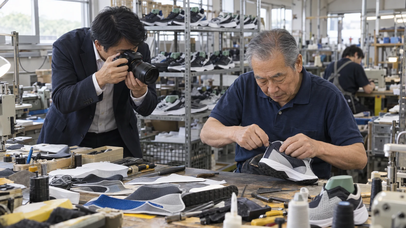 撮影担当者が熟練職人の手元作業を撮影する様子
