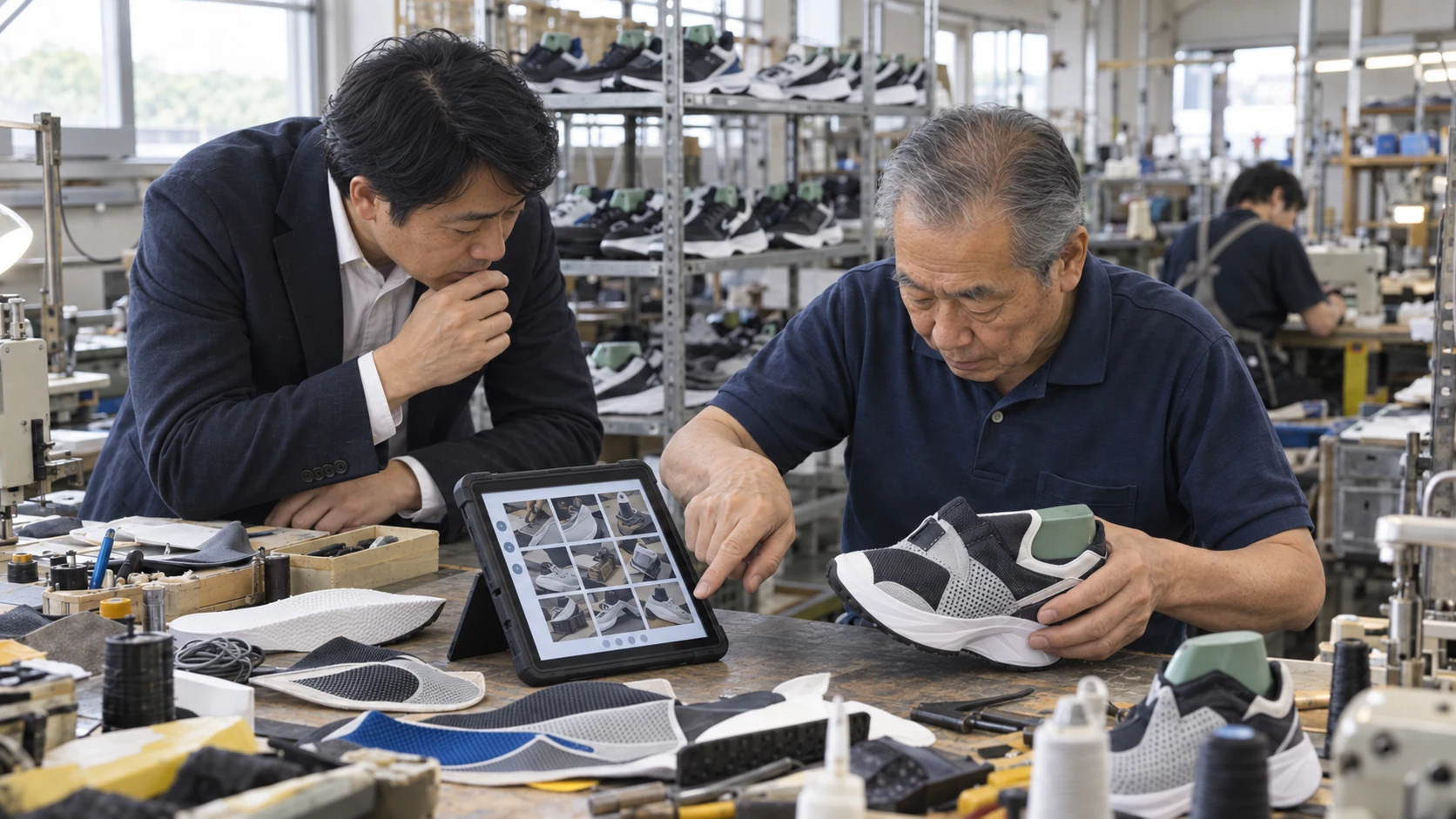 靴工場でタブレットの工程資料を確認する様子