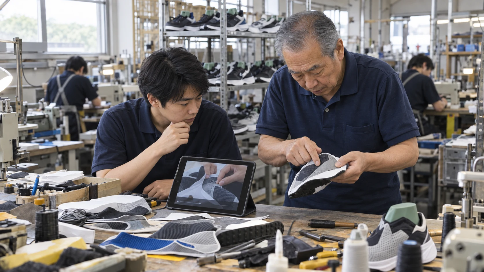 熟練の靴職人と新人がタブレットを見ながら作業を確認する様子