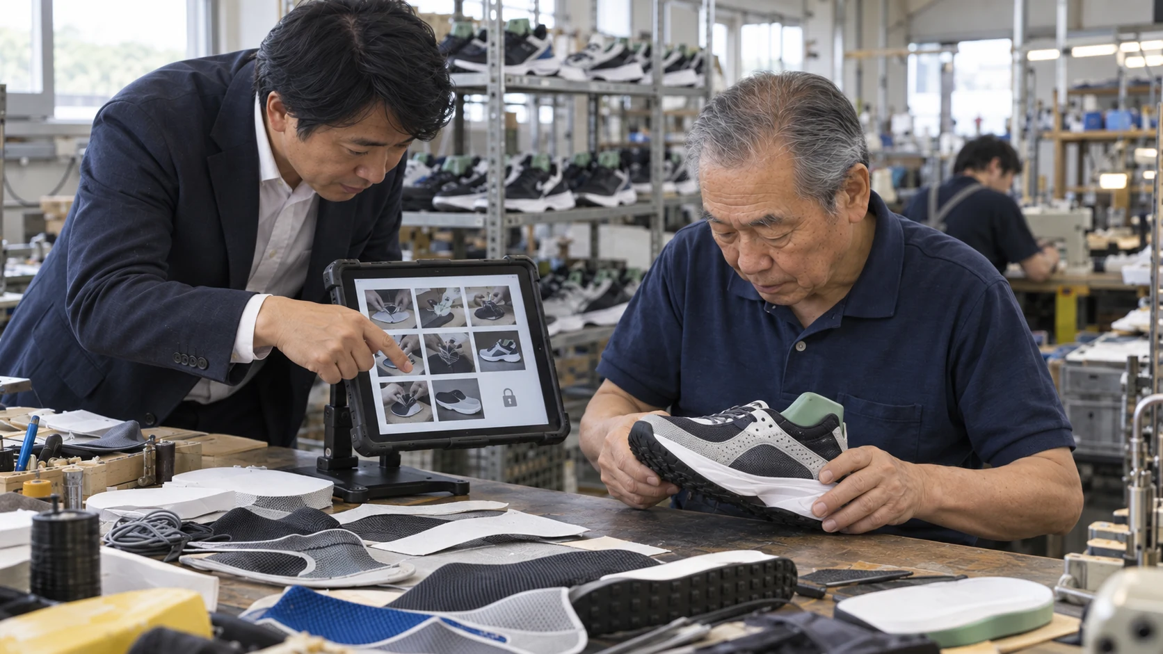 作業者が工場内の会社管理タブレットで工程資料を確認する様子