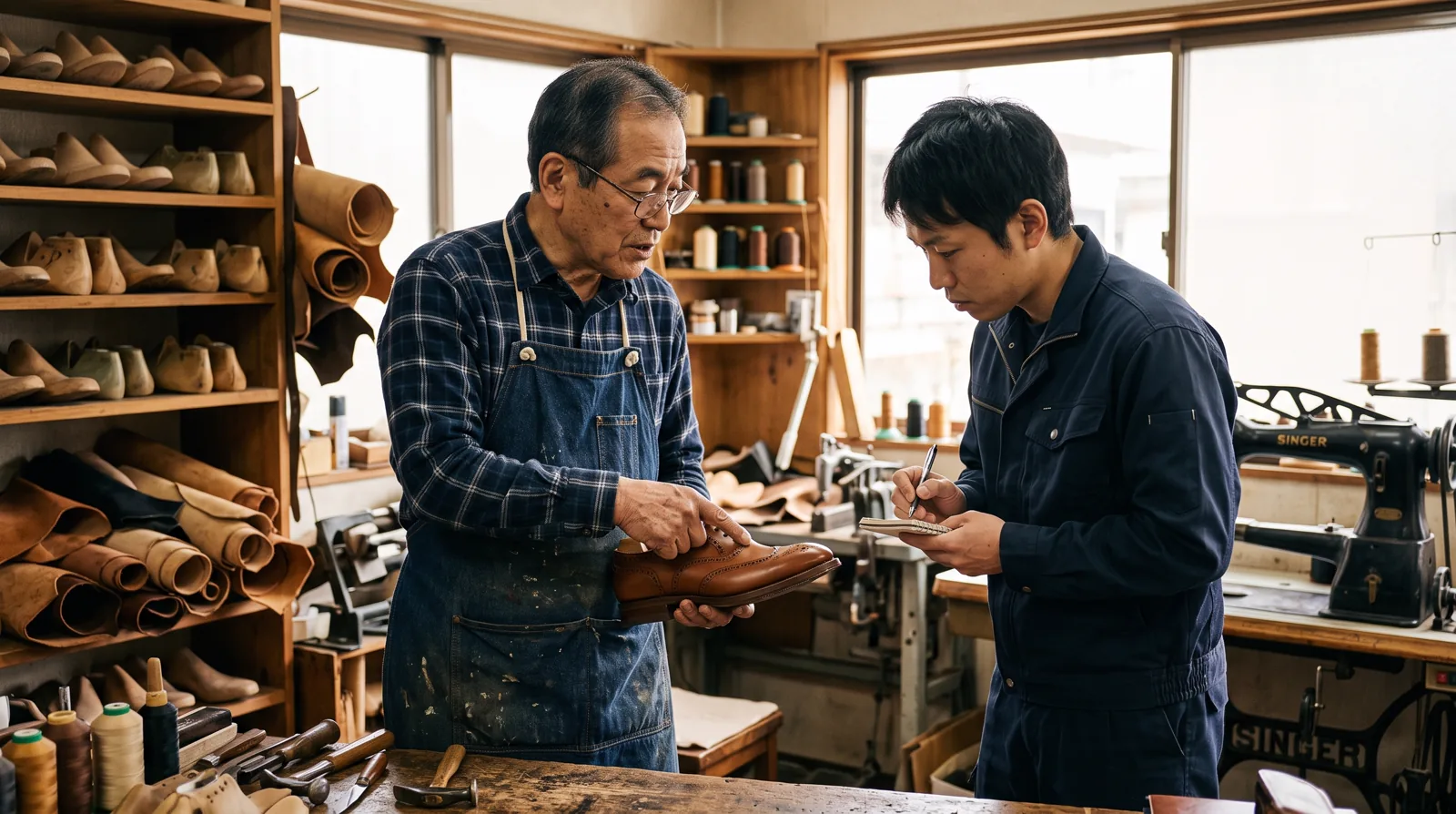 熟練者と若手が靴の判断箇所を確認する様子