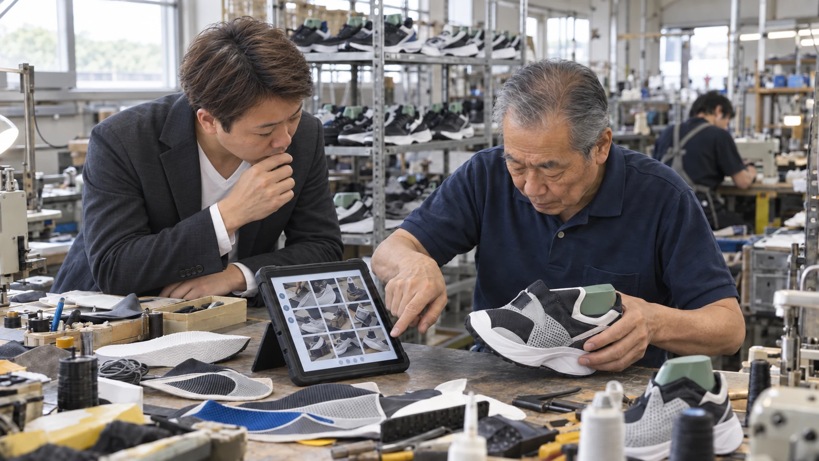靴工場でタブレットの工程資料を確認する様子