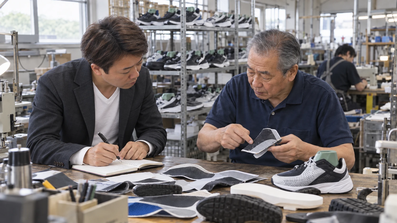 靴職人から引き継ぎの課題を聞き取る様子