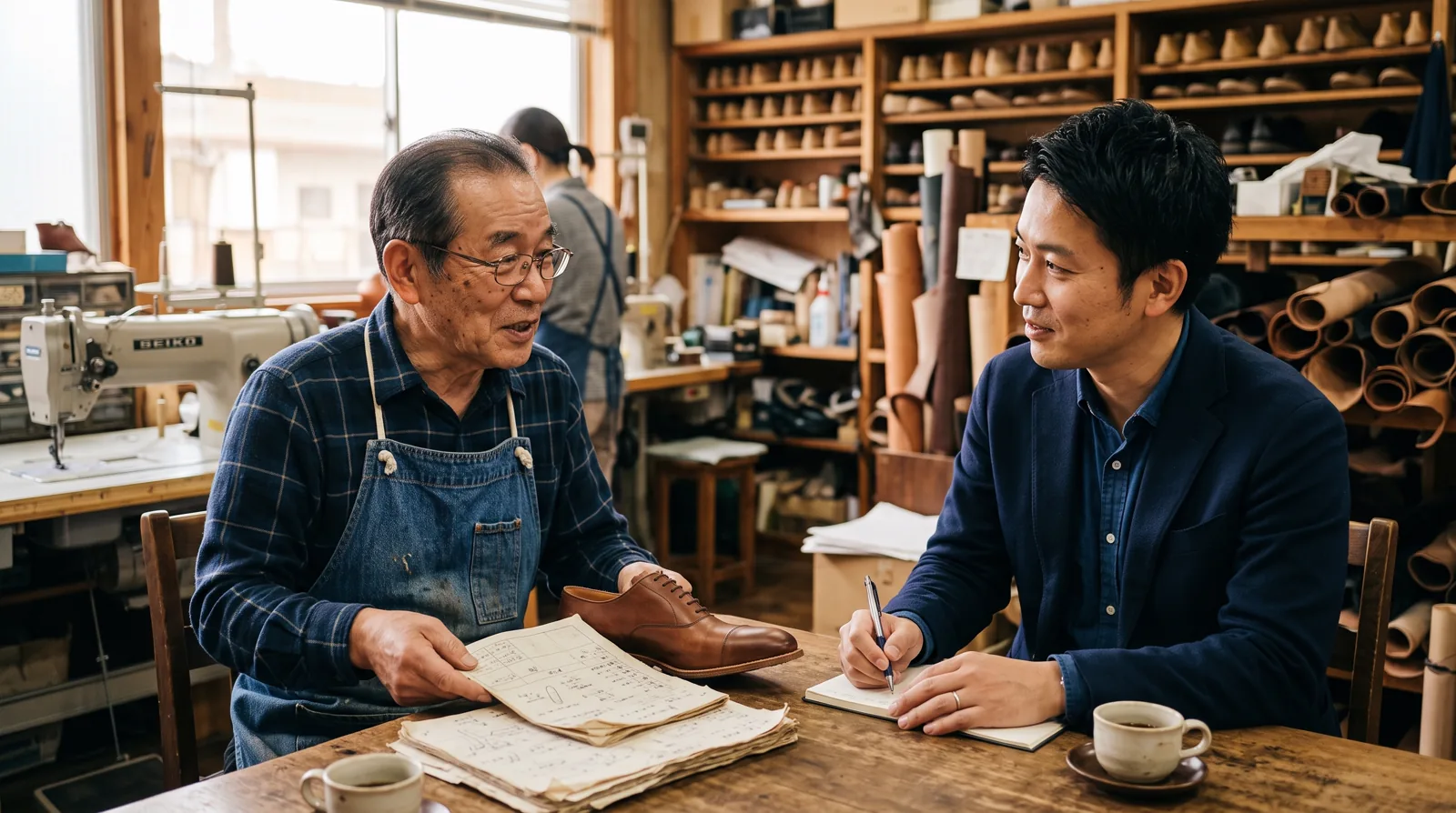 靴職人から引き継ぎの課題を聞き取る様子