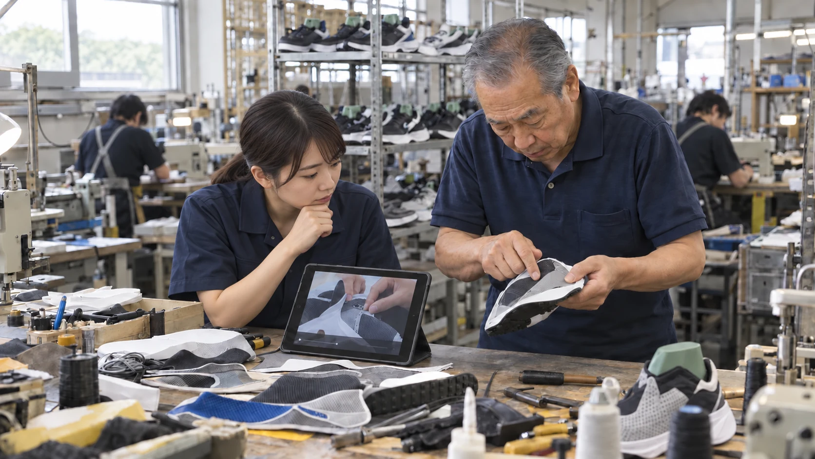 熟練の靴職人と作業着姿の若い女性がタブレットを見ながら作業を確認する様子
