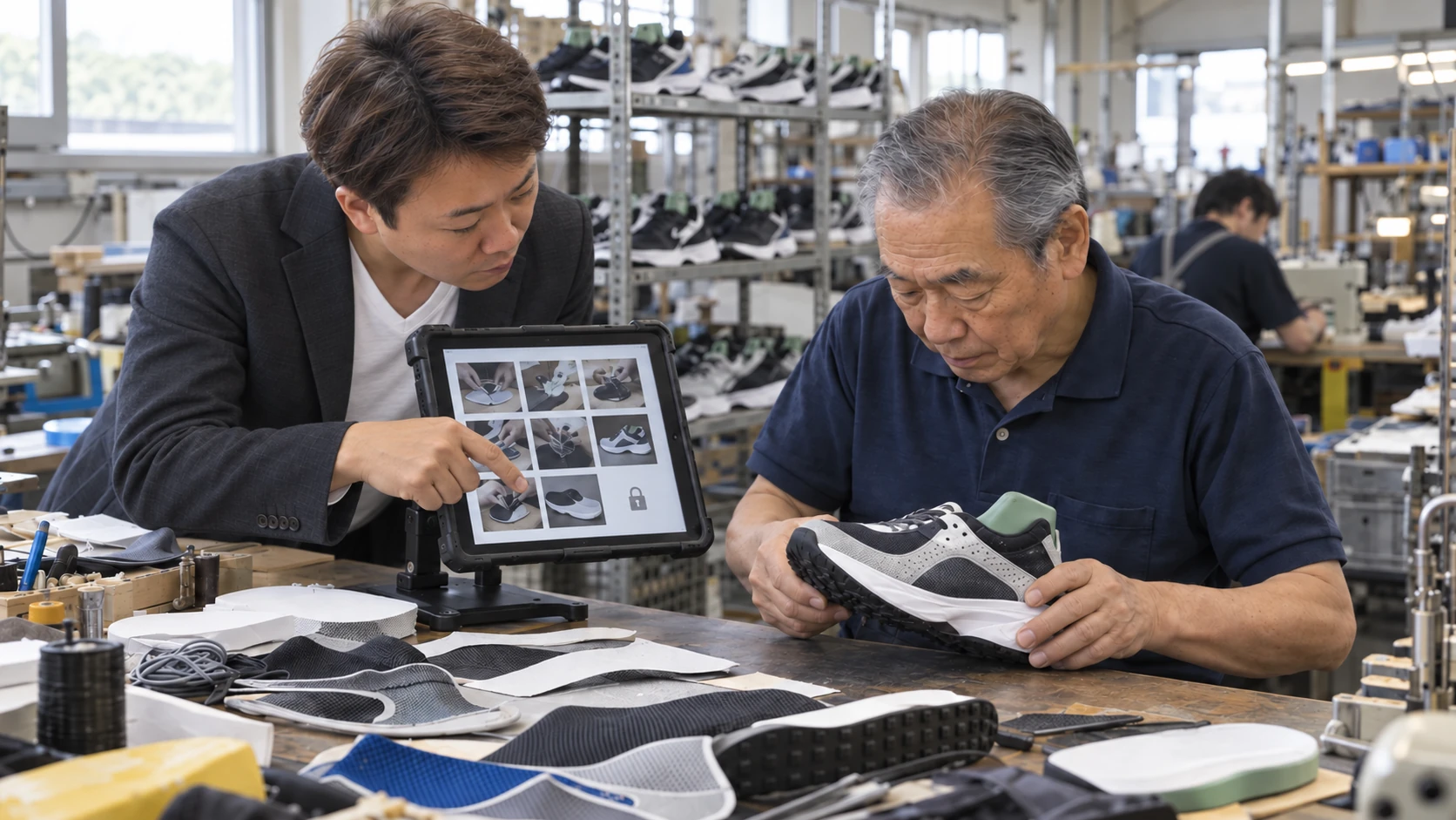 作業者が工場内の会社管理タブレットで工程資料を確認する様子