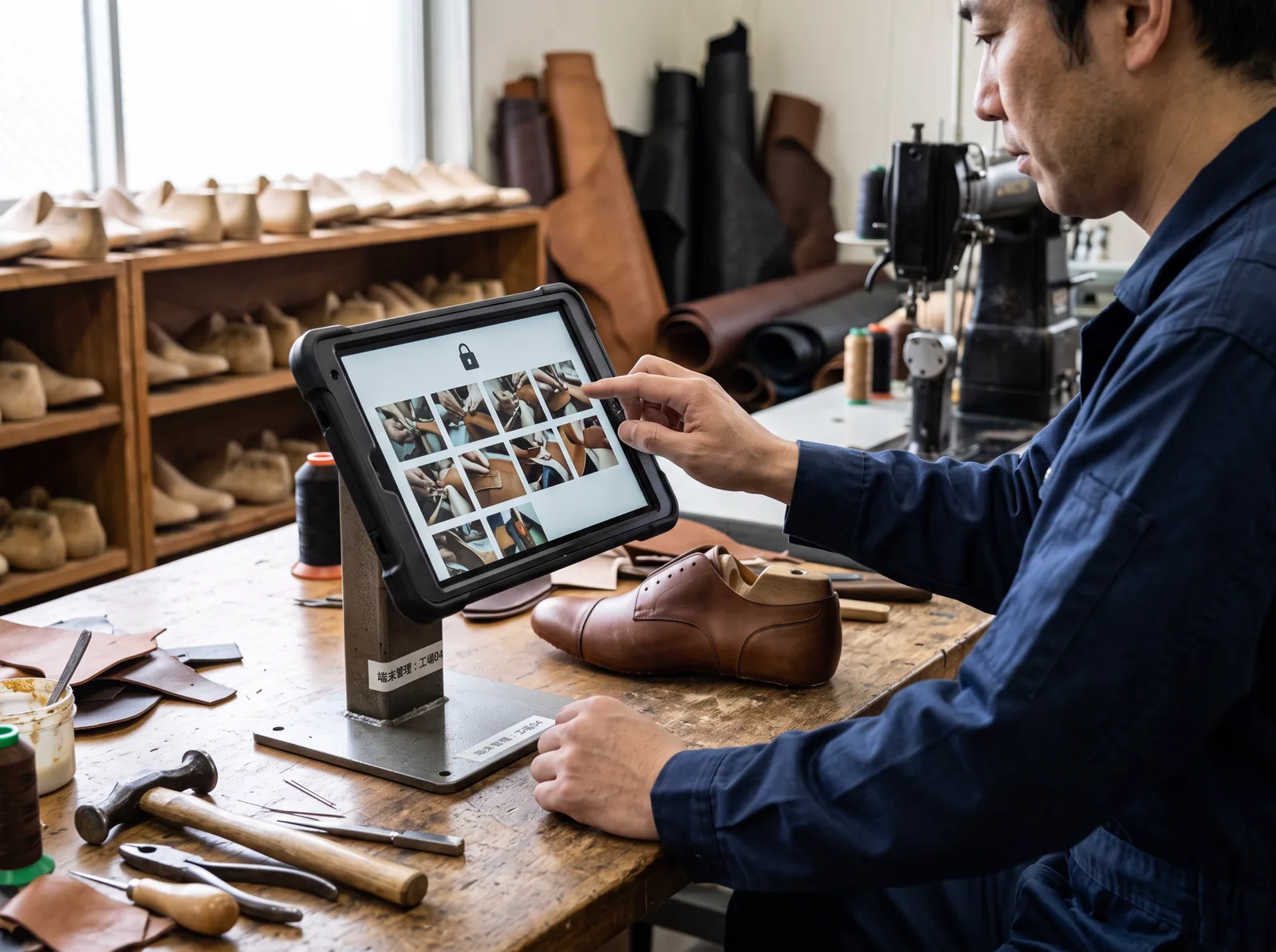 作業者が工場内の会社管理タブレットで工程資料を確認する様子